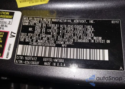 2012 Toyota Venza Le V6 из США, поврежденный, VIN 4T3BK3BB5CU068068